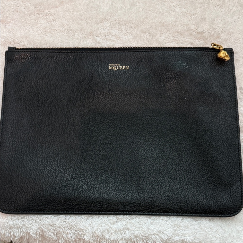 Alexander McQueen Black Leather Clutch with Gold Skull Accent